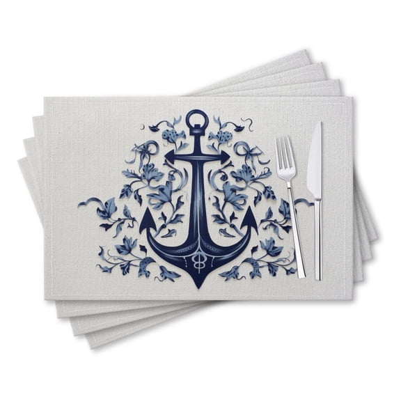 BaHomeck placemats Set of 4 rectangle Linen Cotton Placemats for Dining Table Washable Heat Resistant,18*12inch,Blue Anchor With Floral Designs Surrounding It