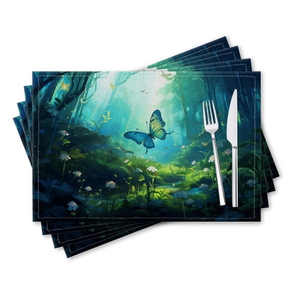 BaHomeck placemats Set of 4 rectangle Linen Cotton Placemats for Dining Table Washable Heat Resistant,18*12inch,Blue Butterfly Surrounded By Green Trees And White Flowers