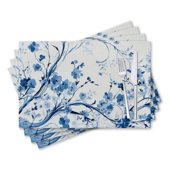 BaHomeck placemats Set of 4 rectangle Linen Cotton Placemats for Dining Table Washable Heat Resistant,18*12inch,Blue And White Ink Painting Depicting A Pattern Of Small Flowers