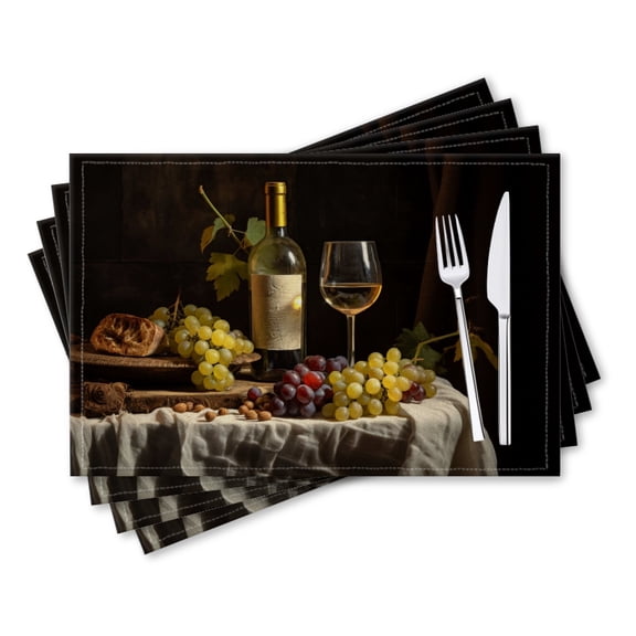 BaHomeck placemats Set of 4 rectangle Linen Cotton Placemats for Dining Table Washable Heat Resistant,18*12inch,Bottle Of White Wine With Grapes And Nuts On The Table
