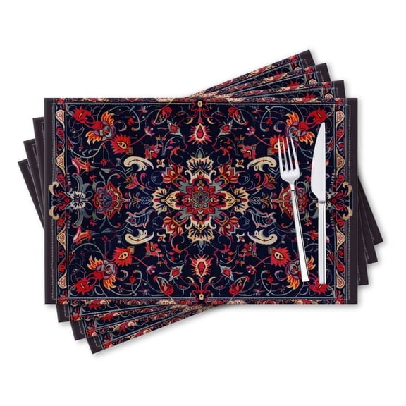 BaHomeck placemats Set of 4 rectangle Linen Cotton Placemats for Dining Table Washable Heat Resistant,18*12inch,Carpet Design With Eastern Pattern With Dark Blue Background