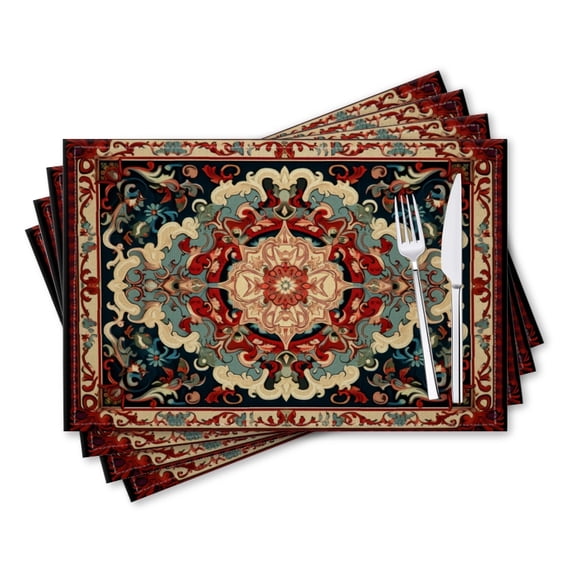 BaHomeck placemats Set of 4 rectangle Linen Cotton Placemats for Dining Table Washable Heat Resistant,18*12inch,Carpet Design With Oriental Pattern In The Center