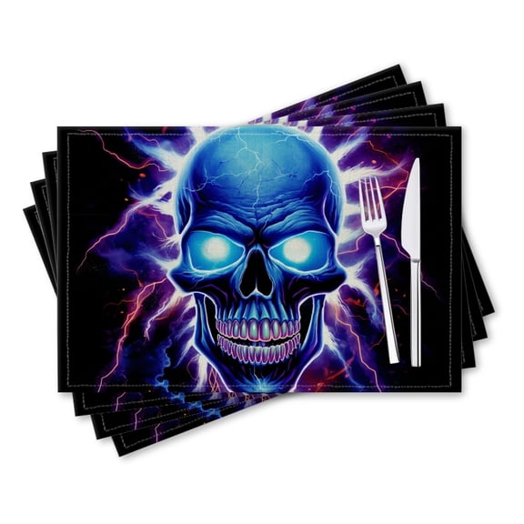 BaHomeck placemats Set of 4 rectangle Linen Cotton Placemats for Dining Table Washable Heat Resistant,18*12inch,Cartoon-Style Skull With Blue Glowing Eyes