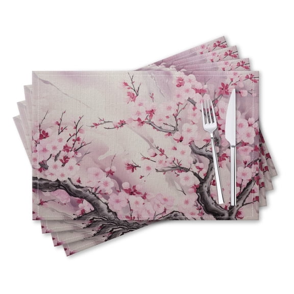 BaHomeck placemats Set of 4 rectangle Linen Cotton Placemats for Dining Table Washable Heat Resistant,18*12inch,Cherry Blossom Tree Mural In The Style Of Traditional Chinese Painting
