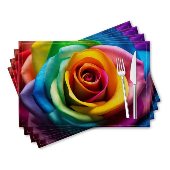 BaHomeck placemats Set of 4 rectangle Linen Cotton Placemats for Dining Table Washable Heat Resistant,18*12inch,Close-Up Of Rainbow Rose With Vibrant Colors