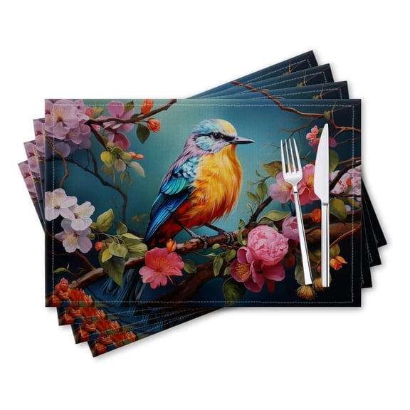 BaHomeck placemats Set of 4 rectangle Linen Cotton Placemats for Dining Table Washable Heat Resistant,18*12inch,Colorful Bird Sitting On Branch With Flowers