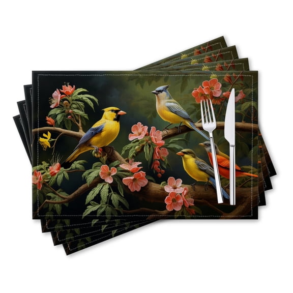 BaHomeck placemats Set of 4 rectangle Linen Cotton Placemats for Dining Table Washable Heat Resistant,18*12inch,Colorful Birds Perched On The Branches (2)