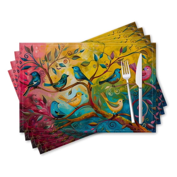 BaHomeck placemats Set of 4 rectangle Linen Cotton Placemats for Dining Table Washable Heat Resistant,18*12inch,Colorful Birds Perched On Whimsical Tree Branches
