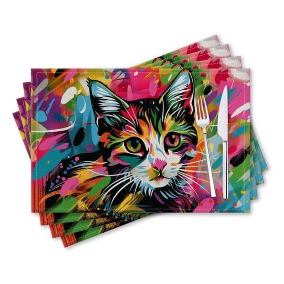 BaHomeck placemats Set of 4 rectangle Linen Cotton Placemats for Dining Table Washable Heat Resistant,18*12inch,Colorful Cat In The Style Of Street Art