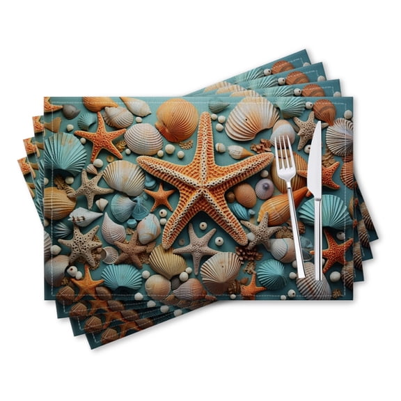 BaHomeck placemats Set of 4 rectangle Linen Cotton Placemats for Dining Table Washable Heat Resistant,18*12inch,Colorful Collage Of Various Seashells And Starfish