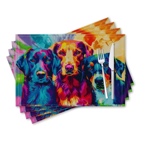 BaHomeck placemats Set of 4 rectangle Linen Cotton Placemats for Dining Table Washable Heat Resistant,18*12inch,Colorful Dogs In Pop Art Style Painting