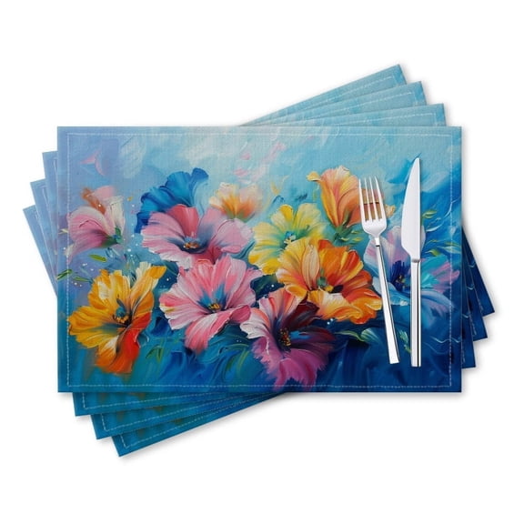 BaHomeck placemats Set of 4 rectangle Linen Cotton Placemats for Dining Table Washable Heat Resistant,18*12inch,Colorful Flower Paintings On Blue Background With Vibrant
