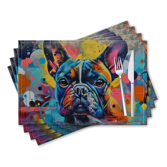 BaHomeck placemats Set of 4 rectangle Linen Cotton Placemats for Dining Table Washable Heat Resistant,18*12inch,Colorful Graffiti Mural Of Adorable French Bulldog