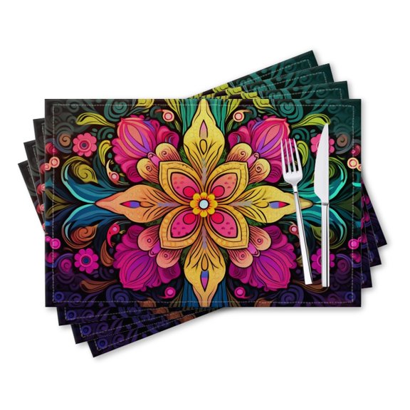 BaHomeck placemats Set of 4 rectangle Linen Cotton Placemats for Dining Table Washable Heat Resistant,18*12inch,Colorful Mandala With Intricate Floral Patterns Vector Illustration