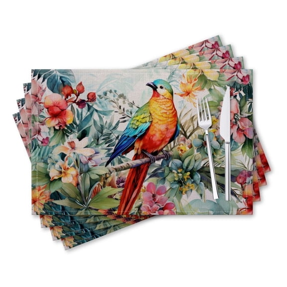 BaHomeck placemats Set of 4 rectangle Linen Cotton Placemats for Dining Table Washable Heat Resistant,18*12inch,Colorful Parrot Perched On Exotic Tree Branch