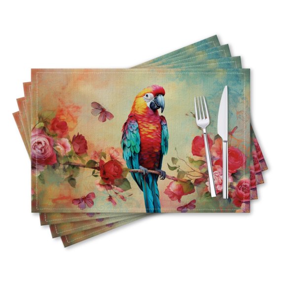 BaHomeck placemats Set of 4 rectangle Linen Cotton Placemats for Dining Table Washable Heat Resistant,18*12inch,Colorful Parrot Sitting On Branch Surrounded By Roses