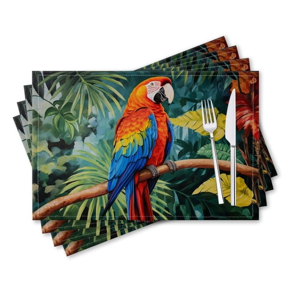 BaHomeck placemats Set of 4 rectangle Linen Cotton Placemats for Dining Table Washable Heat Resistant,18*12inch,Colorful Parrot Sitting On Tree Branch In Rainforest