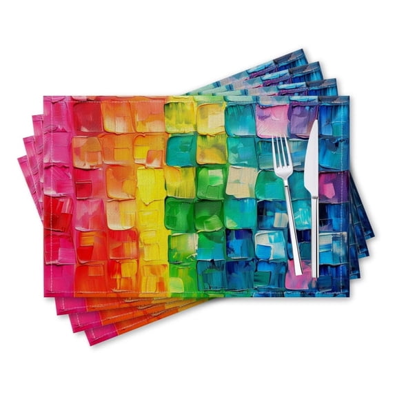 BaHomeck placemats Set of 4 rectangle Linen Cotton Placemats for Dining Table Washable Heat Resistant,18*12inch,Colorful Rainbow Background Made Of Squares