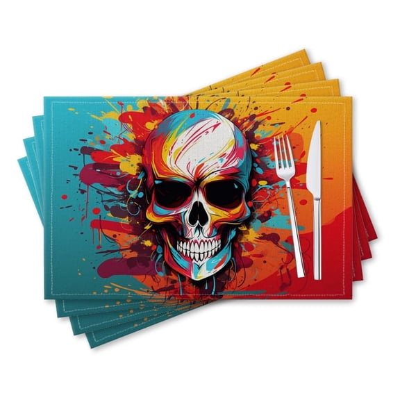 BaHomeck placemats Set of 4 rectangle Linen Cotton Placemats for Dining Table Washable Heat Resistant,18*12inch,Colorful Skull With Vivid Color Splashes In The Background