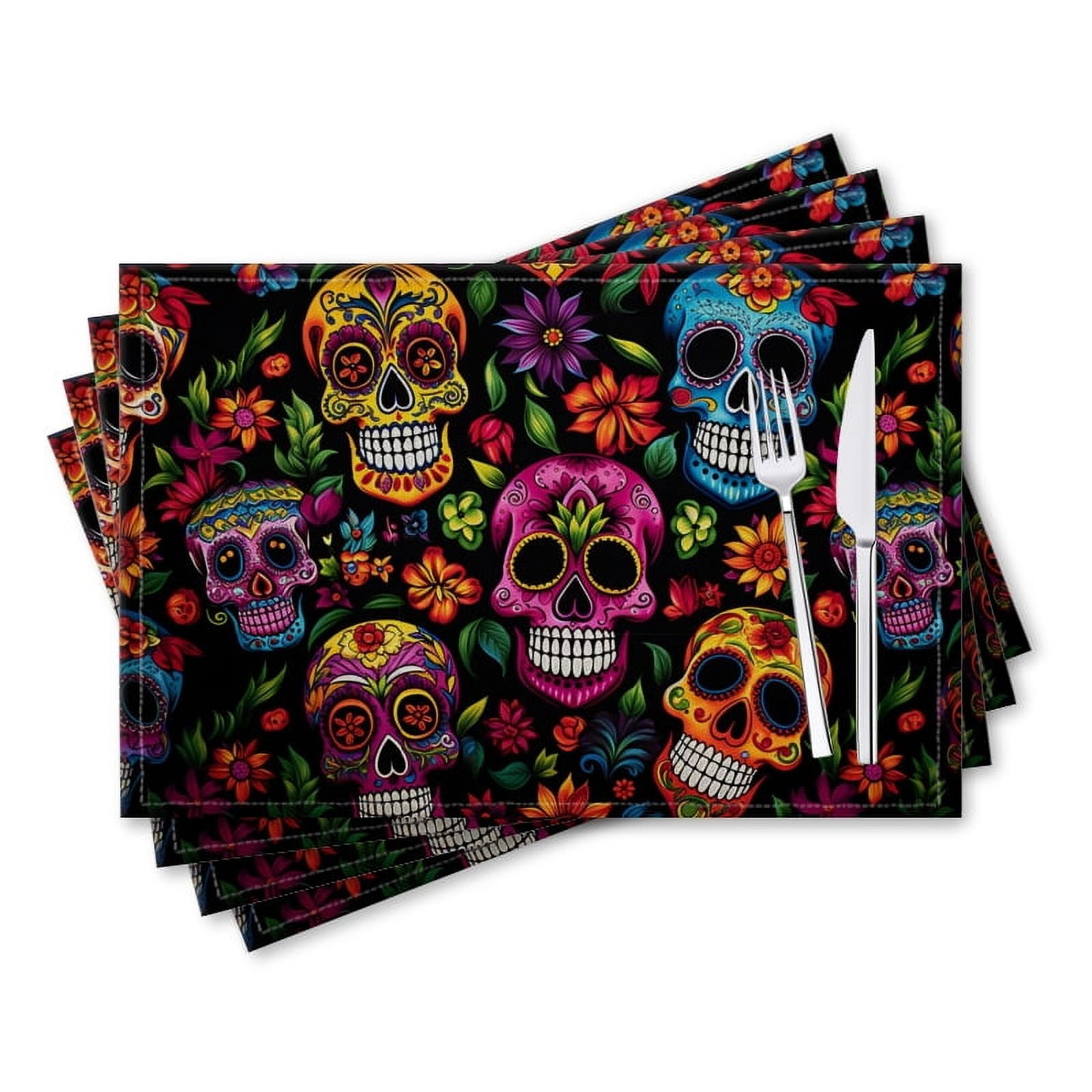 BaHomeck placemats Set of 4 rectangle Linen Cotton Placemats for Dining Table Washable Heat Resistant,18*12inch,Colorful Skulls And Flowers Set Against A Black Background