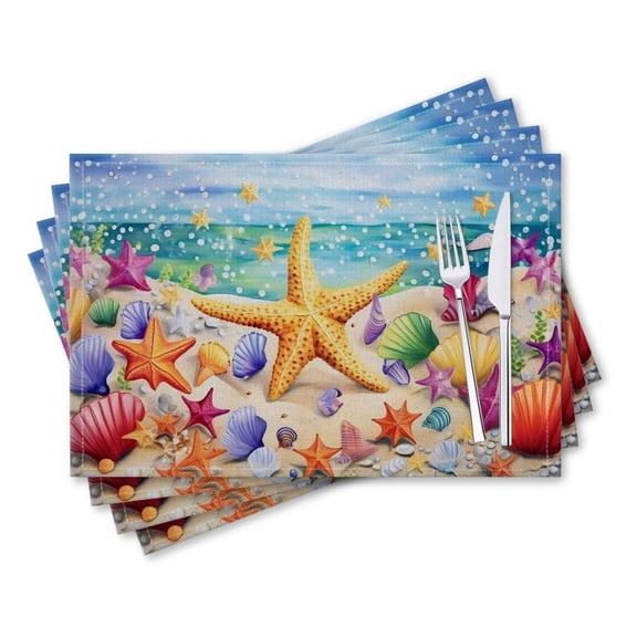 BaHomeck placemats Set of 4 rectangle Linen Cotton Placemats for Dining Table Washable Heat Resistant,18*12inch,Colorful Starfish And Seashells On The Beach