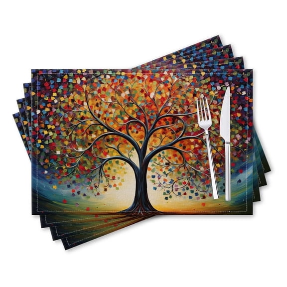 BaHomeck placemats Set of 4 rectangle Linen Cotton Placemats for Dining Table Washable Heat Resistant,18*12inch,Colorful Tree Of Life With Lush Foliage