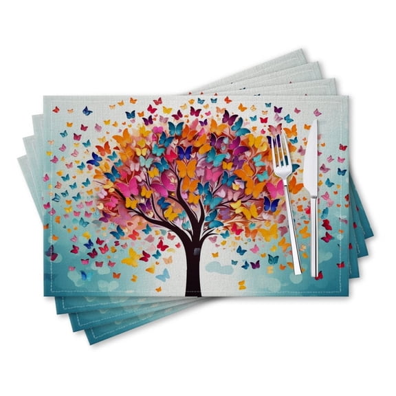 BaHomeck placemats Set of 4 rectangle Linen Cotton Placemats for Dining Table Washable Heat Resistant,18*12inch,Colorful Vector Illustration Of Tree With Butterflies Flying Around