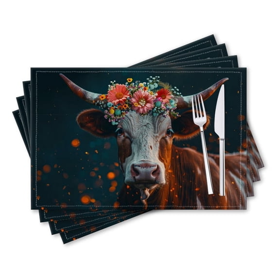 BaHomeck placemats Set of 4 rectangle Linen Cotton Placemats for Dining Table Washable Heat Resistant,18*12inch,Cow With Flowers On Head Against Dark Background