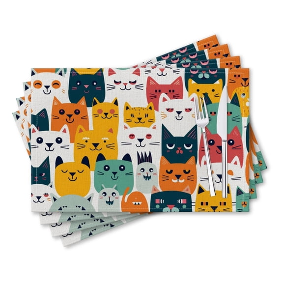 BaHomeck placemats Set of 4 rectangle Linen Cotton Placemats for Dining Table Washable Heat Resistant,18*12inch,Cute Cartoon Cats With Colorful And Simple Shapes