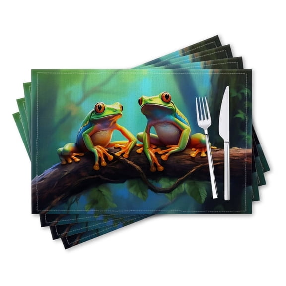 BaHomeck placemats Set of 4 rectangle Linen Cotton Placemats for Dining Table Washable Heat Resistant,18*12inch,Cute Cartoon Frogs Sitting On Tree Branch