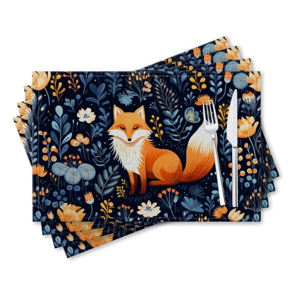 BaHomeck placemats Set of 4 rectangle Linen Cotton Placemats for Dining Table Washable Heat Resistant,18*12inch,Cute Fox In The Forest With Flat Style