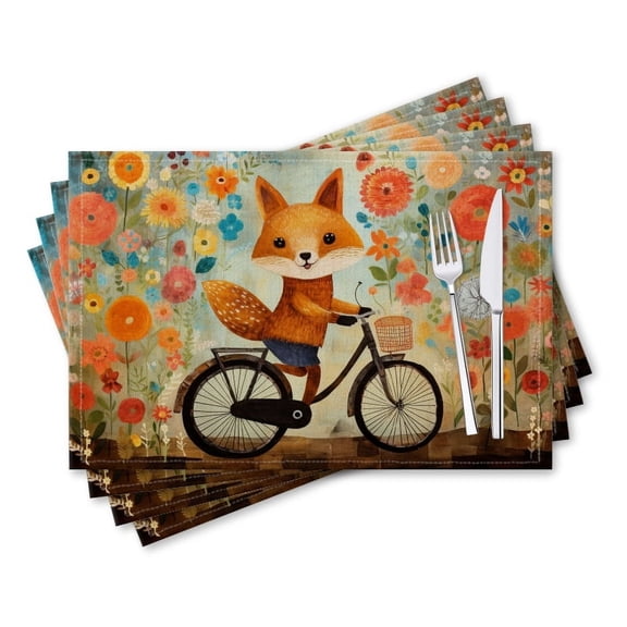 BaHomeck placemats Set of 4 rectangle Linen Cotton Placemats for Dining Table Washable Heat Resistant,18*12inch,Cute Fox Riding Bicycle And Surrounded By Colorful Flowers