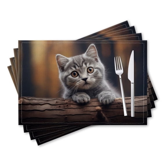 BaHomeck placemats Set of 4 rectangle Linen Cotton Placemats for Dining Table Washable Heat Resistant,18*12inch,Cute Gray British Shorthair Kitten With Expressive Eyes