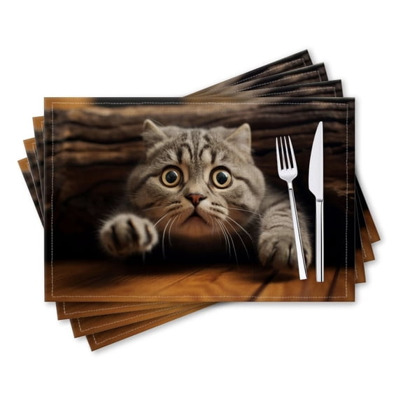 BaHomeck placemats Set of 4 rectangle Linen Cotton Placemats for Dining Table Washable Heat Resistant,18*12inch,Cute Gray Scottish Fold Cat Pokes Head Out
