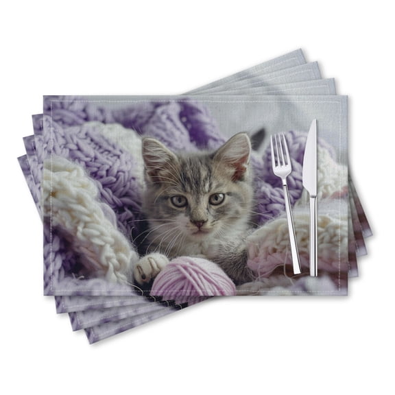 BaHomeck placemats Set of 4 rectangle Linen Cotton Placemats for Dining Table Washable Heat Resistant,18*12inch,Cute Kitten Playing With Balls Of Yarn In The Center