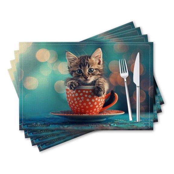 BaHomeck placemats Set of 4 rectangle Linen Cotton Placemats for Dining Table Washable Heat Resistant,18*12inch,Cute Kitten Sitting In Polka-Dot Coffee Cup