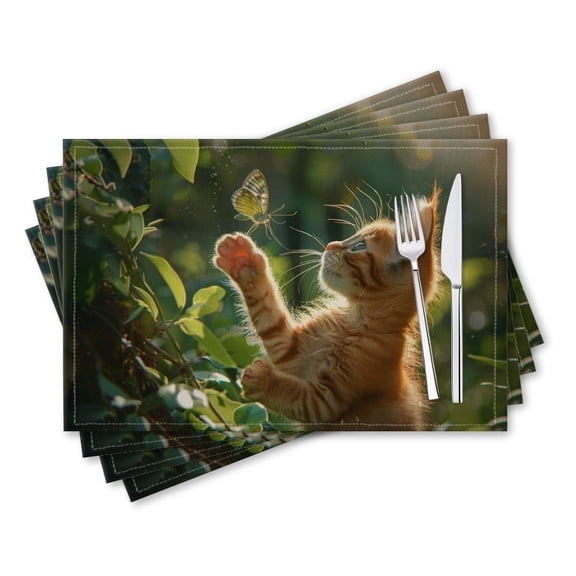 BaHomeck placemats Set of 4 rectangle Linen Cotton Placemats for Dining Table Washable Heat Resistant,18*12inch,Cute Orange Kitten Playing With Butterfly In Nature