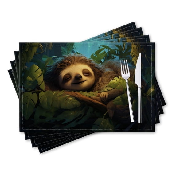 BaHomeck placemats Set of 4 rectangle Linen Cotton Placemats for Dining Table Washable Heat Resistant,18*12inch,Cute Sloth Sleeping On Tree Surrounded By Leaves
