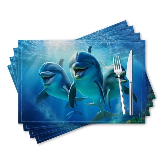 BaHomeck placemats Set of 4 rectangle Linen Cotton Placemats for Dining Table Washable Heat Resistant,18*12inch,Cute Smiling Dolphins Swimming In The Blue Sea
