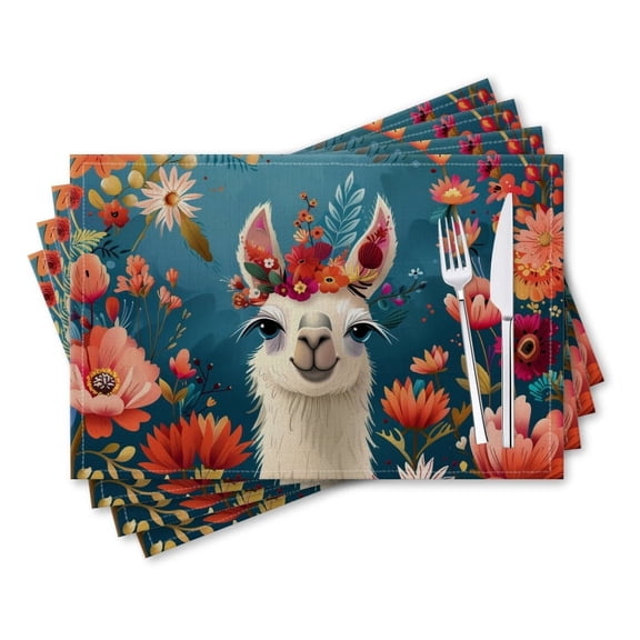 BaHomeck placemats Set of 4 rectangle Linen Cotton Placemats for Dining Table Washable Heat Resistant,18*12inch,Cute Smiling Llama With Colorful Flowers On Head