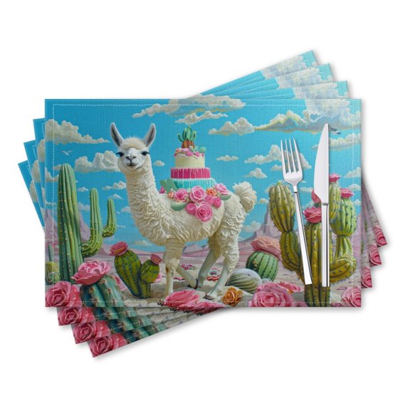 BaHomeck placemats Set of 4 rectangle Linen Cotton Placemats for Dining Table Washable Heat Resistant,18*12inch,Cute Teal Background With Colorful Cacti And Llamas