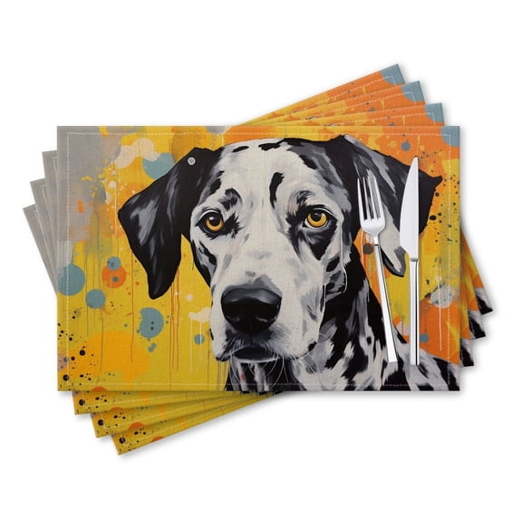 BaHomeck placemats Set of 4 rectangle Linen Cotton Placemats for Dining Table Washable Heat Resistant,18*12inch,Dalmatian Dog On Yellow Background With Orange Splashes