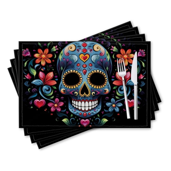 BaHomeck placemats Set of 4 rectangle Linen Cotton Placemats for Dining Table Washable Heat Resistant,18*12inch,Day Of The Dead Skull With Colorful Flowers And Hearts