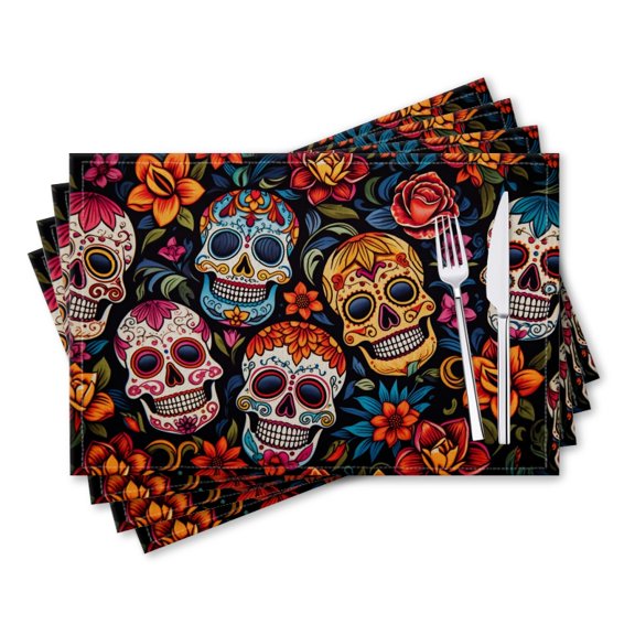 BaHomeck placemats Set of 4 rectangle Linen Cotton Placemats for Dining Table Washable Heat Resistant,18*12inch,Day Of The Dead Skull Pattern With Colorful Floral Designs