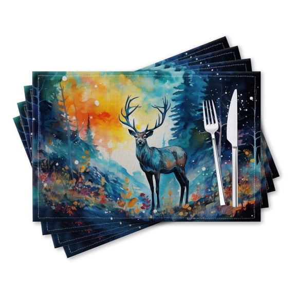 BaHomeck placemats Set of 4 rectangle Linen Cotton Placemats for Dining Table Washable Heat Resistant,18*12inch,Deer Stands On The Road With A Starry Sky