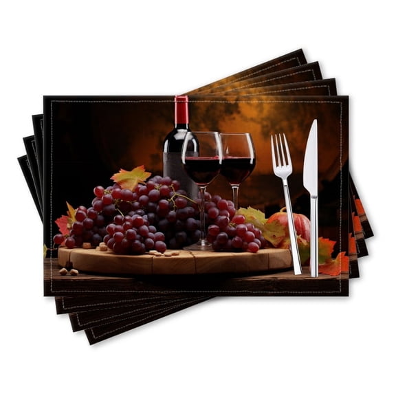 BaHomeck placemats Set of 4 rectangle Linen Cotton Placemats for Dining Table Washable Heat Resistant,18*12inch,Delicious Red Wine With Grape On Wooden Table
