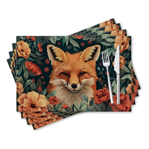 BaHomeck placemats Set of 4 rectangle Linen Cotton Placemats for Dining Table Washable Heat Resistant,18*12inch,Detailed Illustration Of Red Fox Surrounded By Flowers
