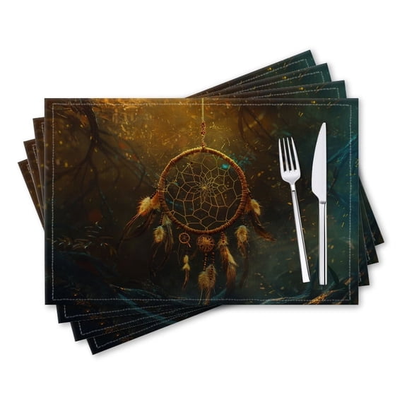 BaHomeck placemats Set of 4 rectangle Linen Cotton Placemats for Dining Table Washable Heat Resistant,18*12inch,Dreamcatcher With Feathers Hanging From Edge