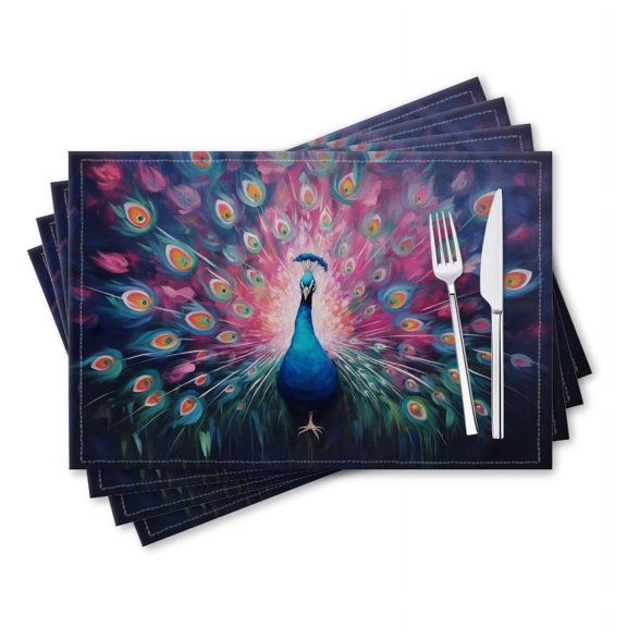 BaHomeck placemats Set of 4 rectangle Linen Cotton Placemats for Dining Table Washable Heat Resistant,18*12inch,Elegant Peacock Displaying Colorful Feathers