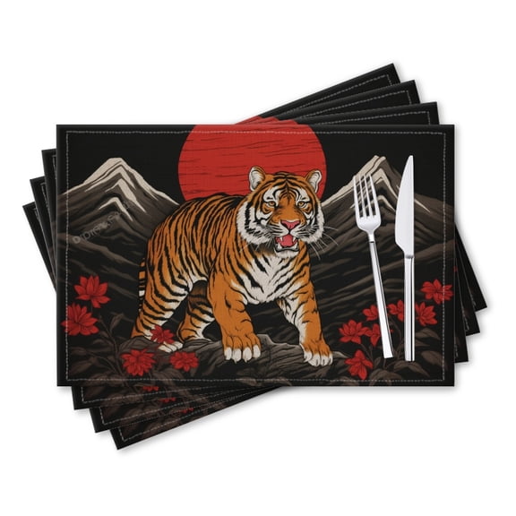 BaHomeck placemats Set of 4 rectangle Linen Cotton Placemats for Dining Table Washable Heat Resistant,18*12inch,Fierce Tiger Stands In Front Of The Mountains